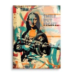 Smile But Fight -Artmind wandbild mona lisa ak47 artwork acryl