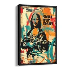 Smile But Fight -Artmind wandbild mona lisa ak47 artwork schattenfugenrahmen